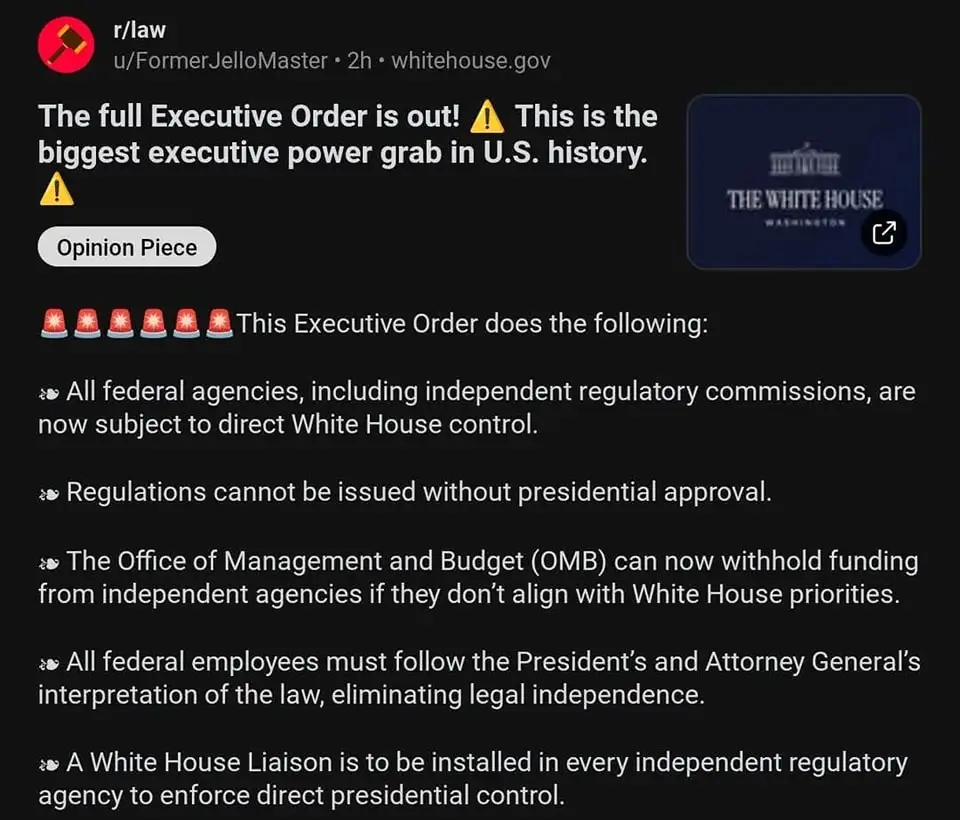 A screenshot of a Reddit post from r/law, attributed to u/FormerJelloMaster, claiming an executive order represents the…