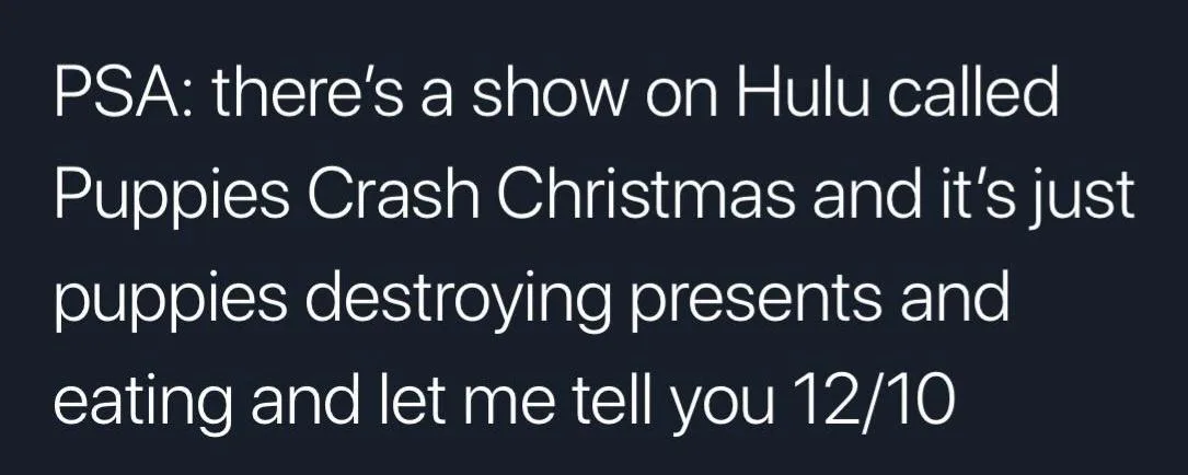 The image displays white text on a dark background, reading a public service announcement about a Hulu show called 'Puppies…