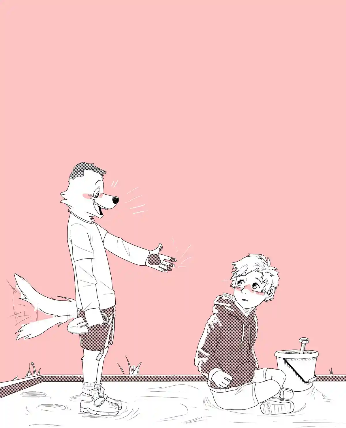 An anthropomorphic white wolf with a cap and a shovel stands in a sandbox, smiling and extending a paw toward a kneeling…