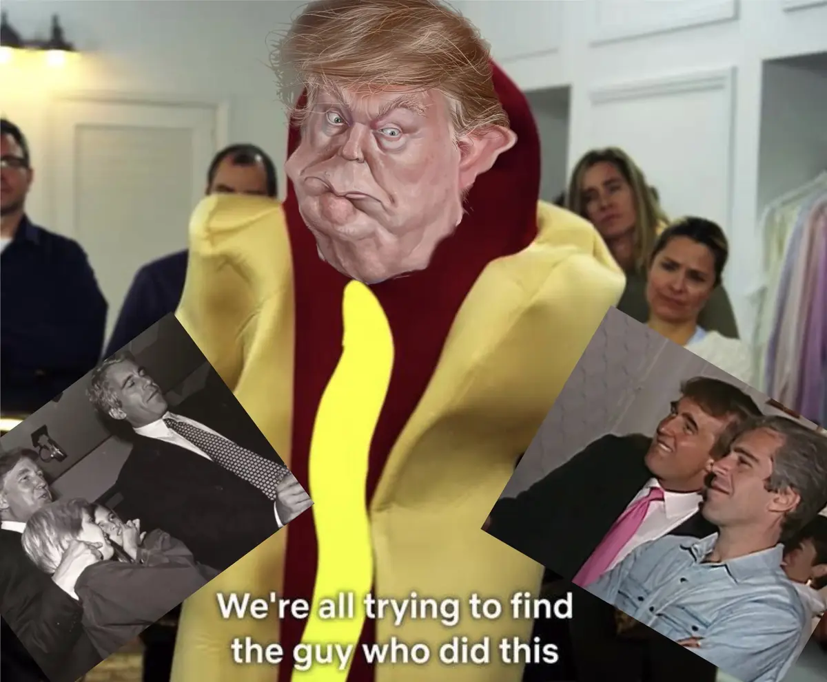 A digitally altered image shows a caricature of Donald Trump with an exaggerated, angry face superimposed onto a person…