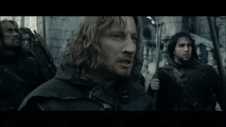 A six-panel sequence from 'The Lord of the Rings' showing a man with long hair, initially looking concerned, then…