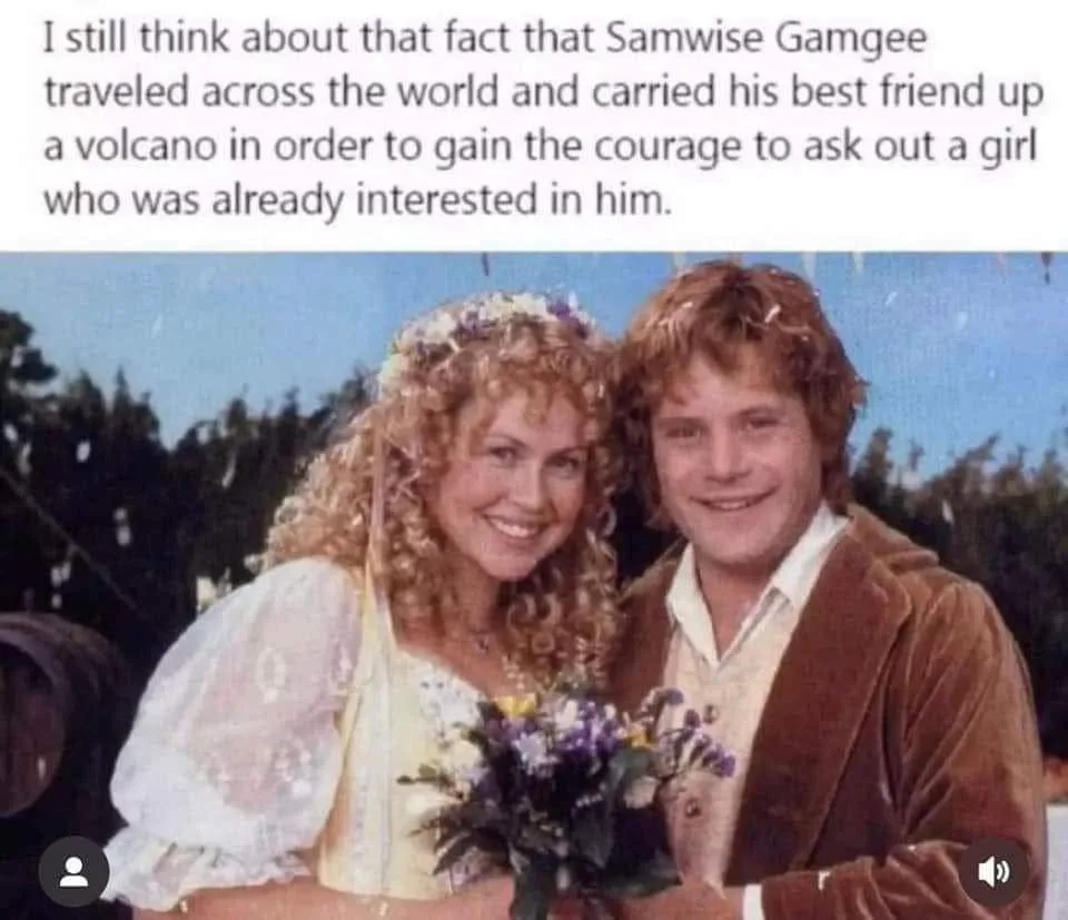 A still image from 'The Lord of the Rings' shows Samwise Gamgee and Rosie Cotton smiling together outdoors. The overlaid…