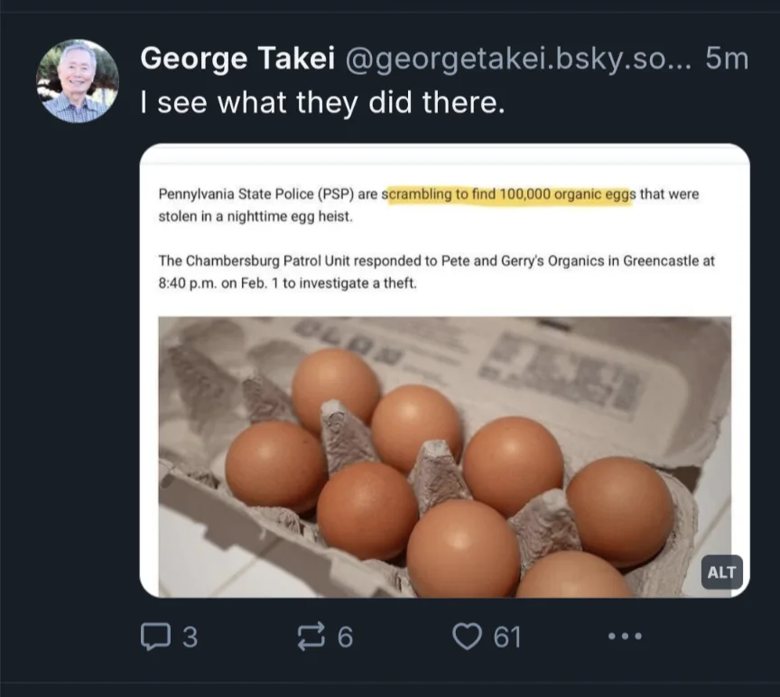 A screenshot of a tweet by George Takei showing a news article about a police theft investigation involving 100,000 organic…