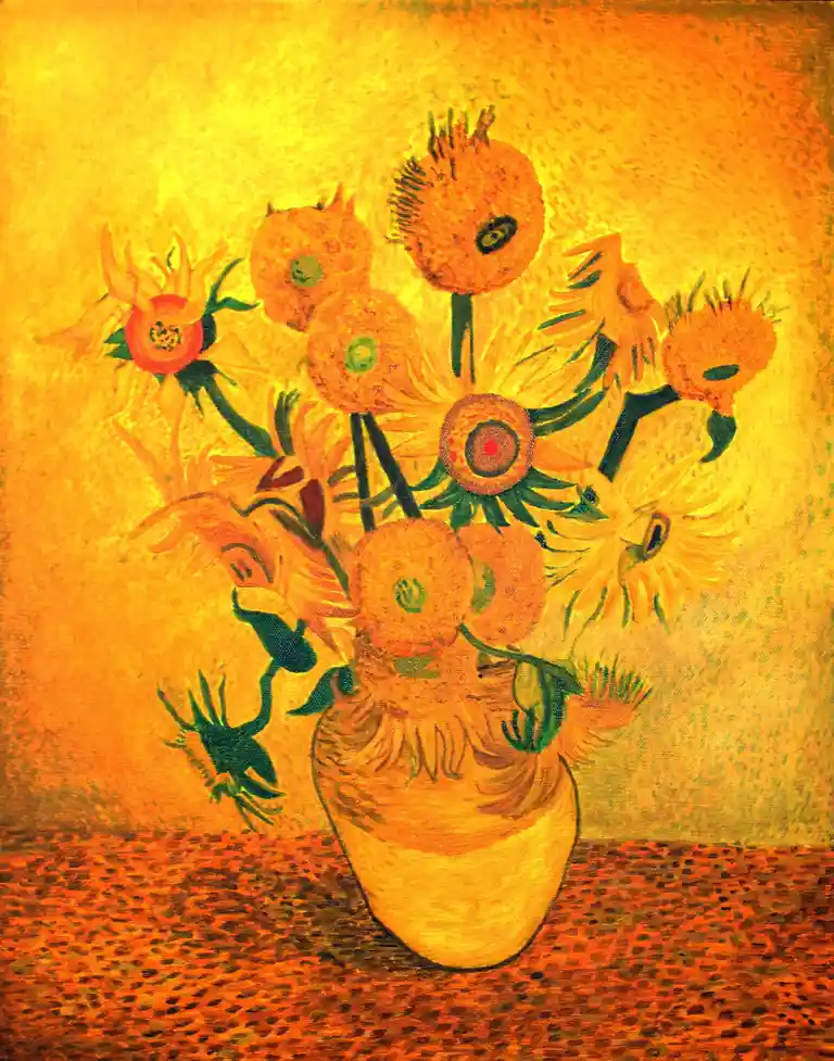A painting of sunflowers in a vase, rendered in a style reminiscent of Vincent van Gogh, with a warm yellow and orange color…
