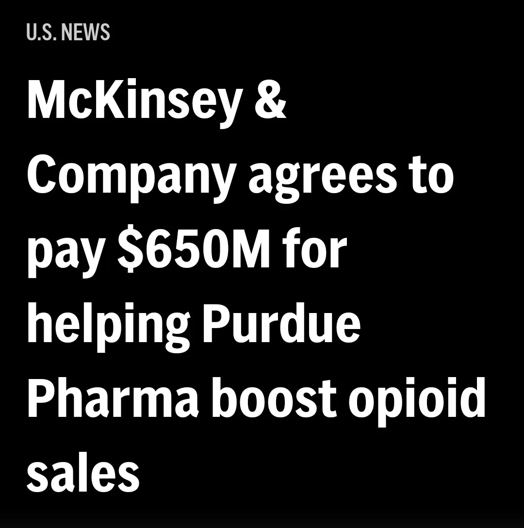 A black background mimicking a news headline from 'U.S. NEWS' displays white text stating that McKinsey & Company agreed to…