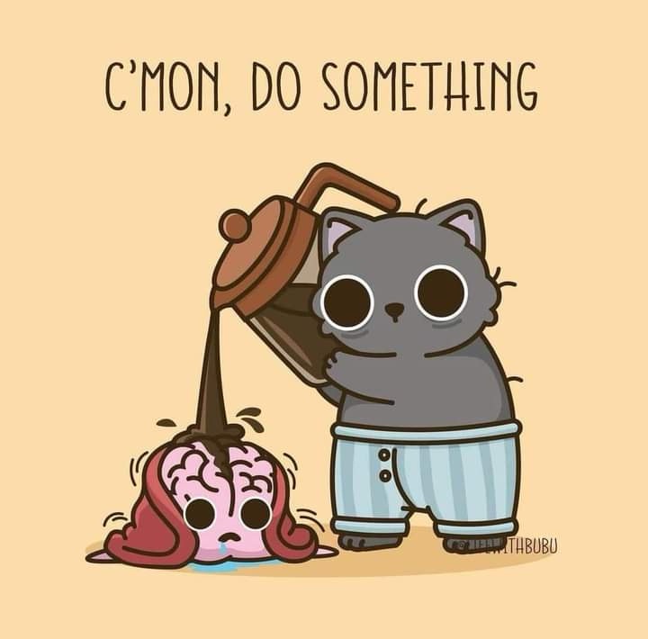 A cartoon grey cat in striped pajamas pours dark liquid from a teapot onto a pink, sad-looking brain with eyes and hair. The…