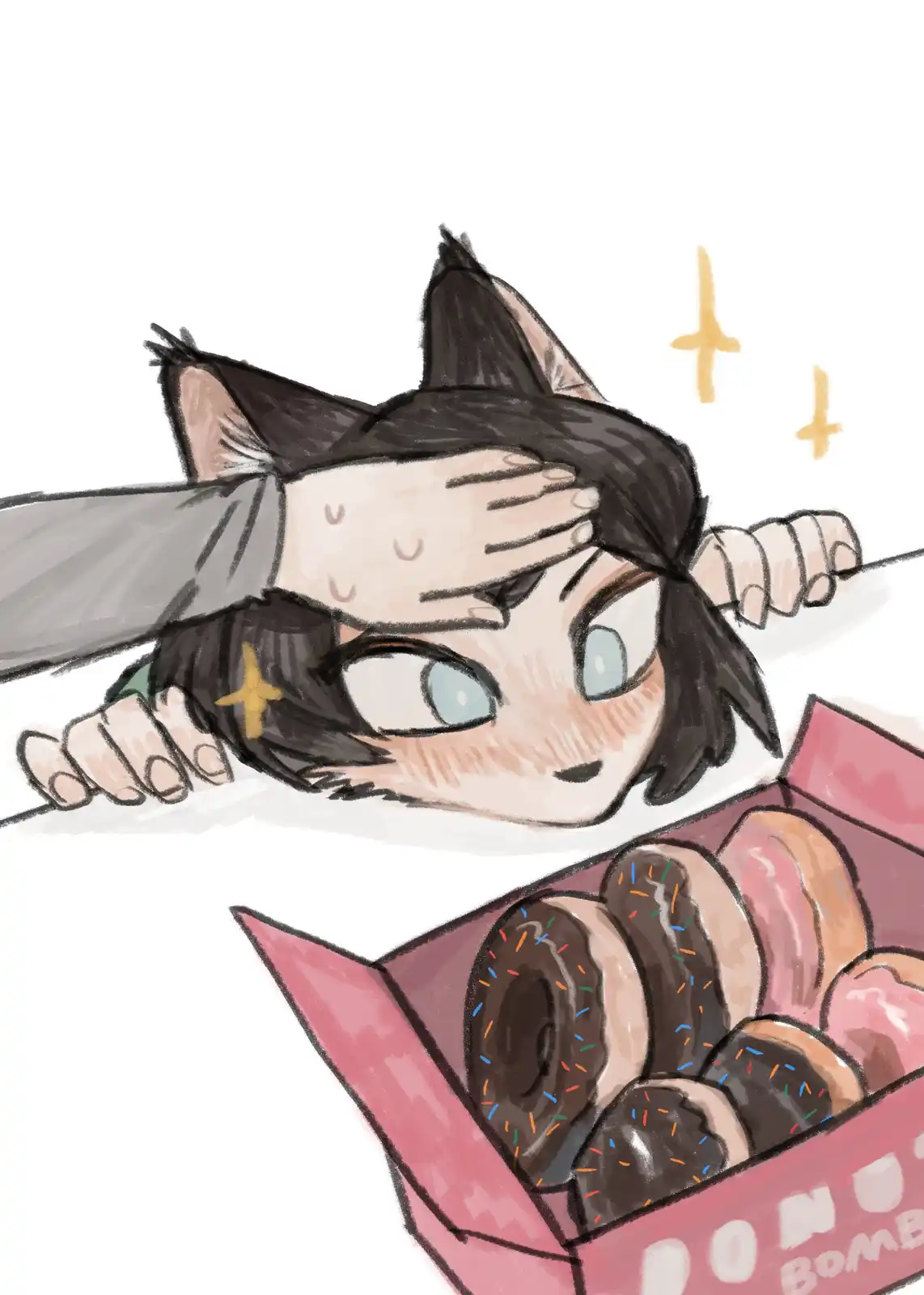 A chibi-style anime character with cat ears and short dark hair peers over a pink box labeled 'DONUT BOMB', eyes wide with…