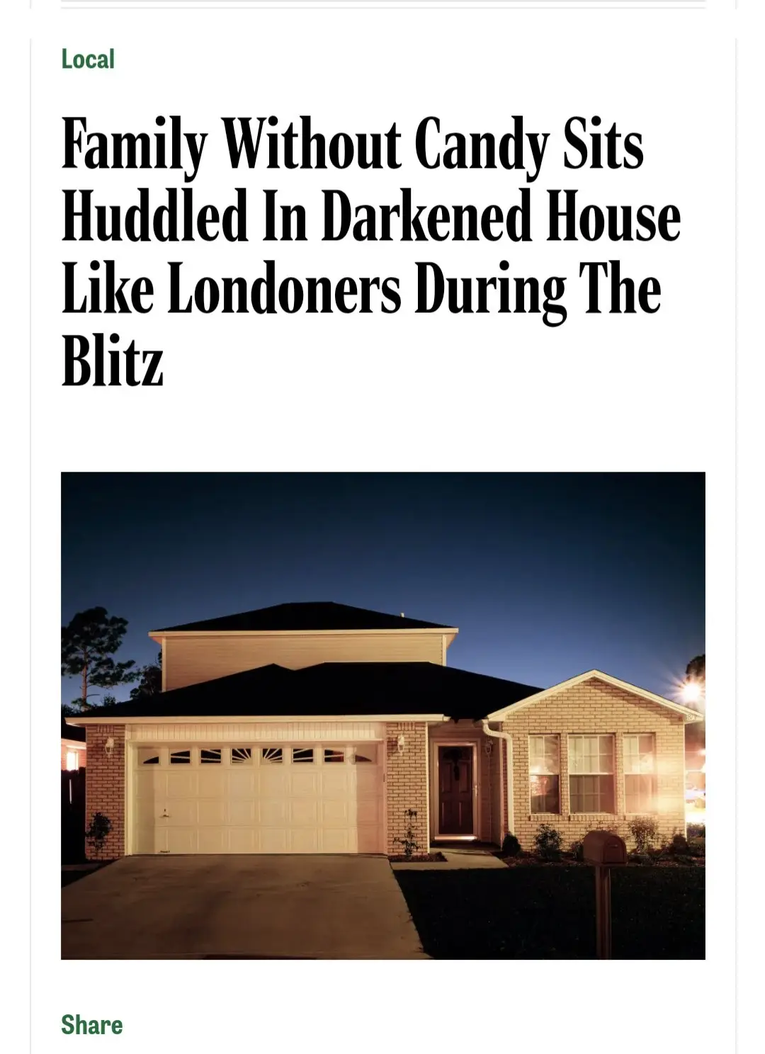 The image shows a typical suburban house at night with lights on inside, overlaid with a fake newspaper headline that reads…