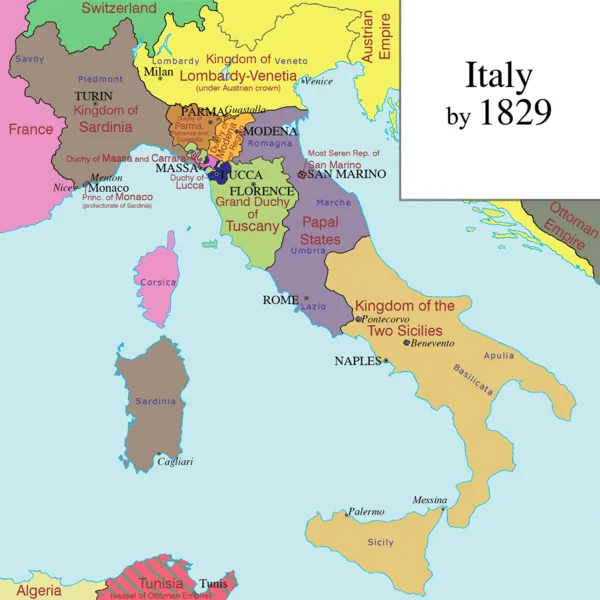 A historical map of Italy showing its political evolution from 1829 to 1871, with labeled milestones including the creation…