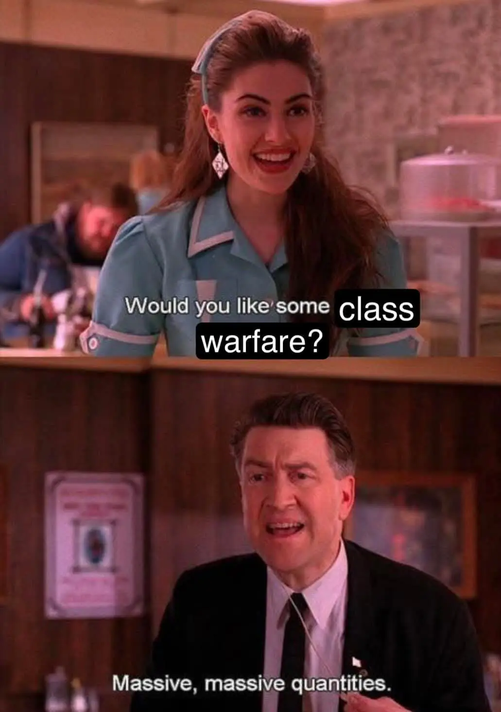 A two-panel meme from the movie 'The Big Lebowski' shows a waitress asking a customer if he'd like 'some class warfare?' The…