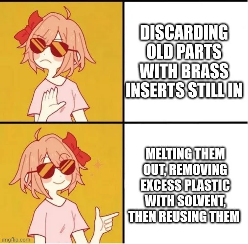 A two-panel meme featuring an anime girl with pink hair and a red bow, wearing sunglasses. In the top panel, she holds up…