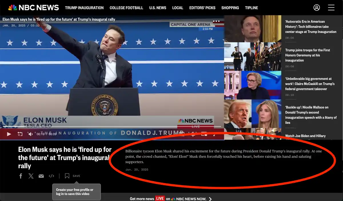 An NBC News webpage screenshot shows a video of Elon Musk at Donald Trump's inauguration rally, with text describing him as…