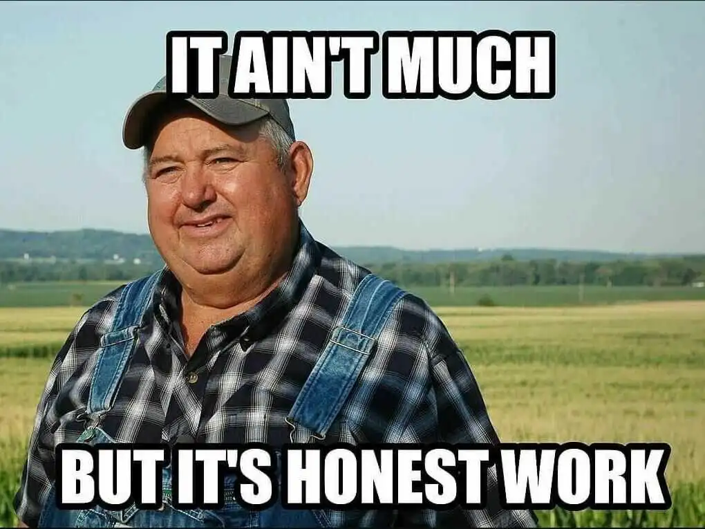 A middle-aged man wearing a plaid shirt and denim overalls stands in a green field with hills in the background. He wears a…