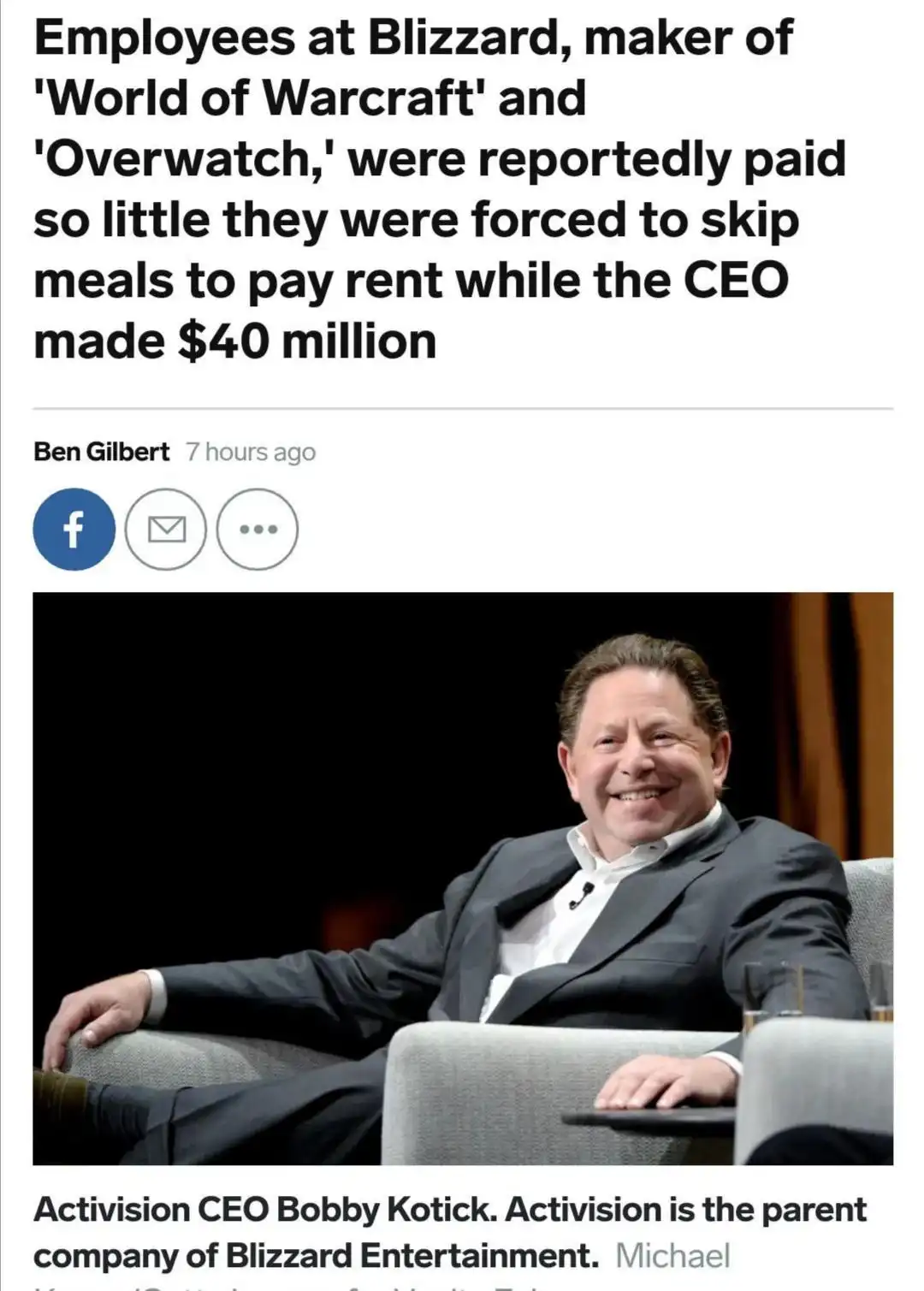 A screenshot of a news article shows a smiling man in a suit sitting in a chair, identified as Activision CEO Bobby Kotick…