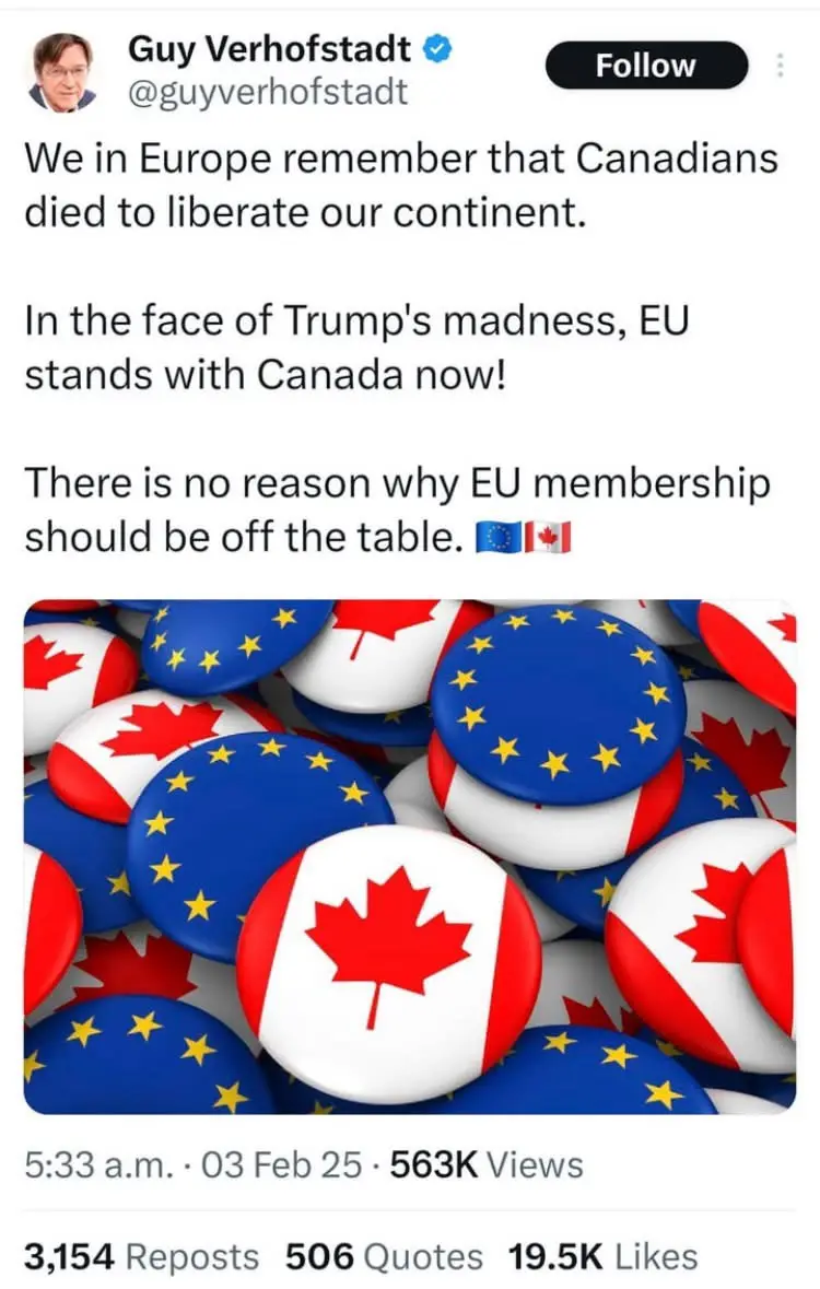A screenshot of a tweet by Guy Verhofstadt showing a pile of circular buttons with the flags of Canada and the European…