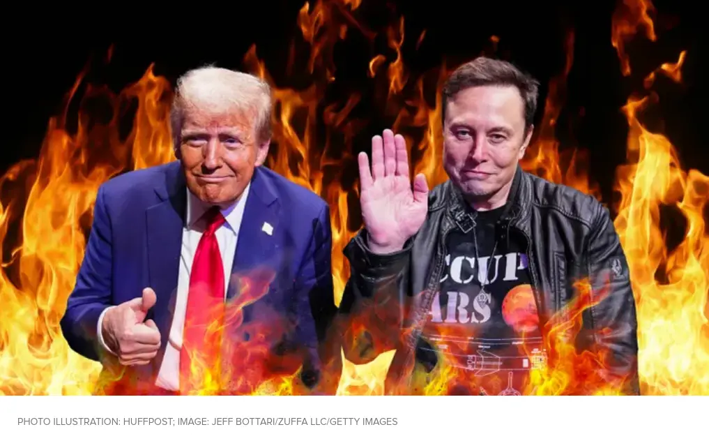 Two men, Donald Trump on the left in a blue suit and red tie giving a thumbs-up, and Elon Musk on the right in a black…