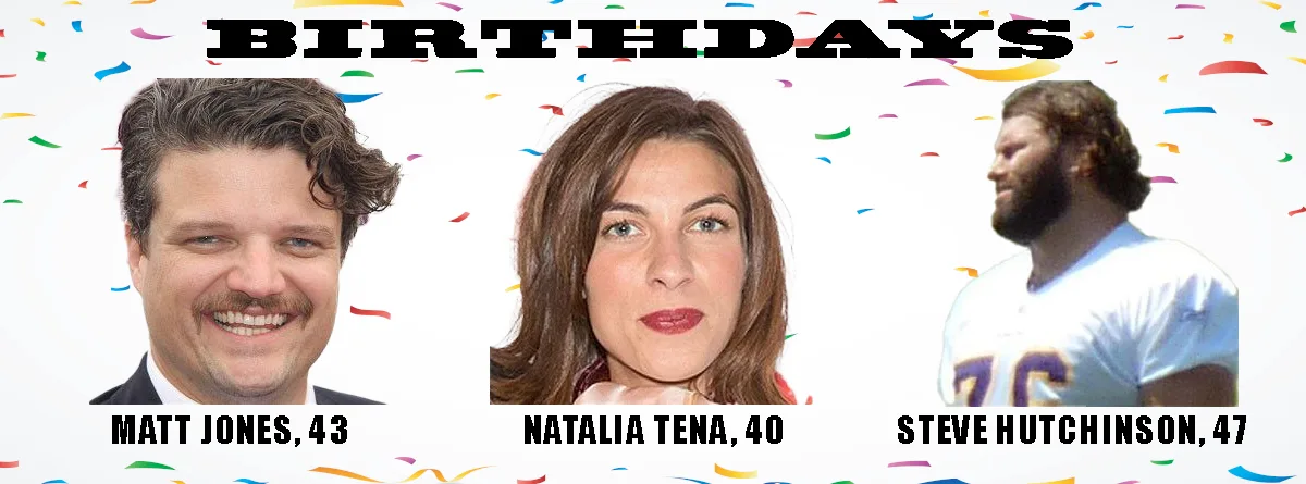 A birthday-themed image with confetti background and three headshots: a smiling man, a woman with brown hair and red…