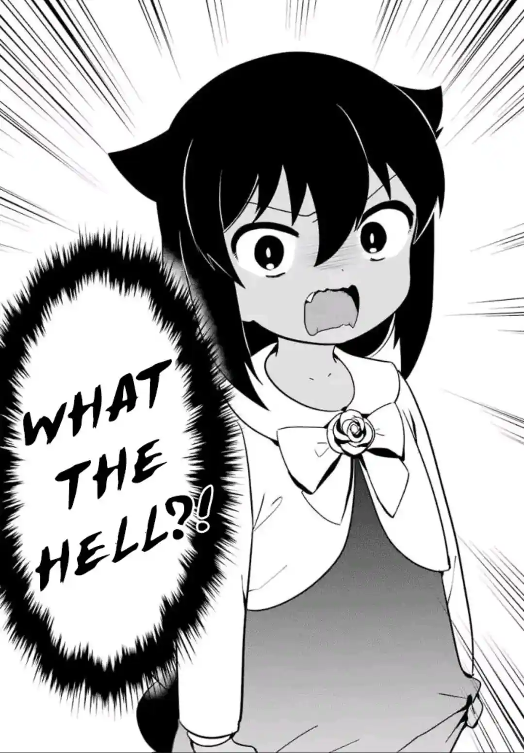 A black-and-white manga panel shows a young girl with cat ears and a shocked expression, mouth open in disbelief. She wears…
