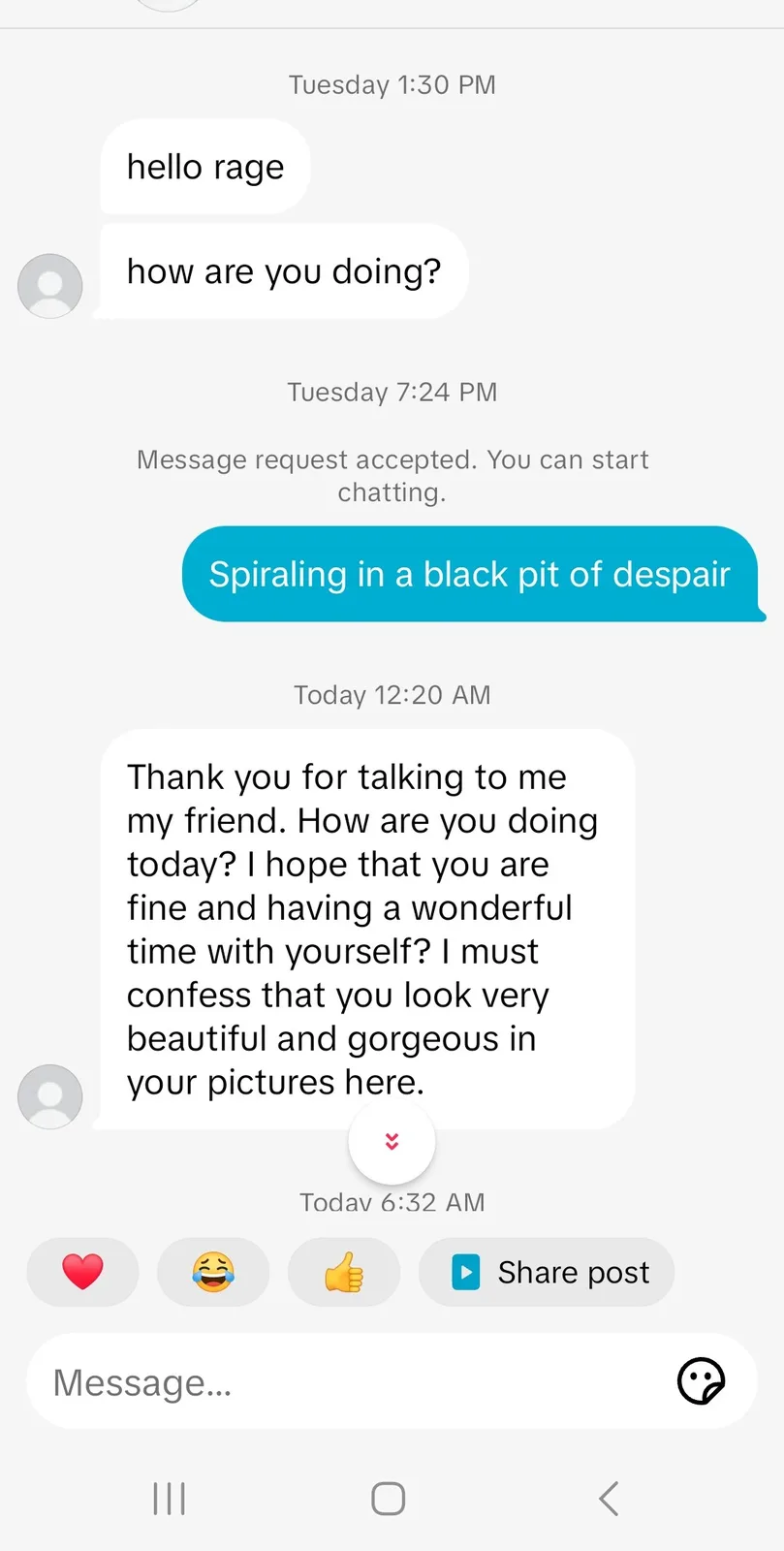 A screenshot of a messaging app conversation shows a user responding to a friend's 'how are you doing?' with 'Spiraling in a…