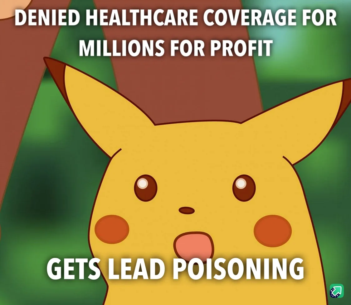 The image shows Pikachu with a shocked expression, mouth open and eyes wide. White bold text at the top reads 'DENIED…