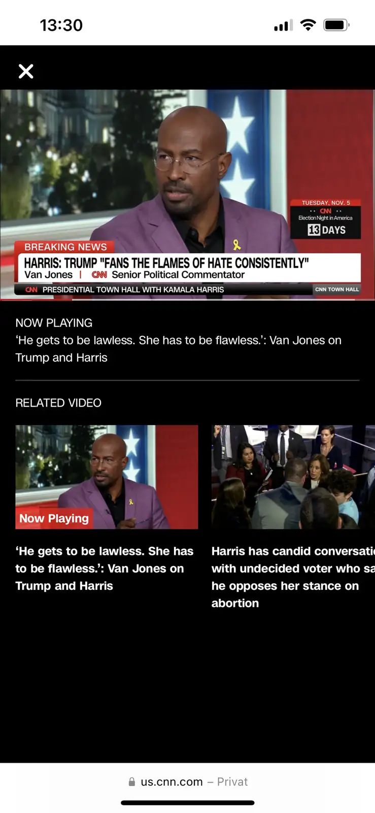 A screenshot of a CNN news page showing Van Jones in a purple suit speaking during a 'Presidential Town Hall with Kamala…