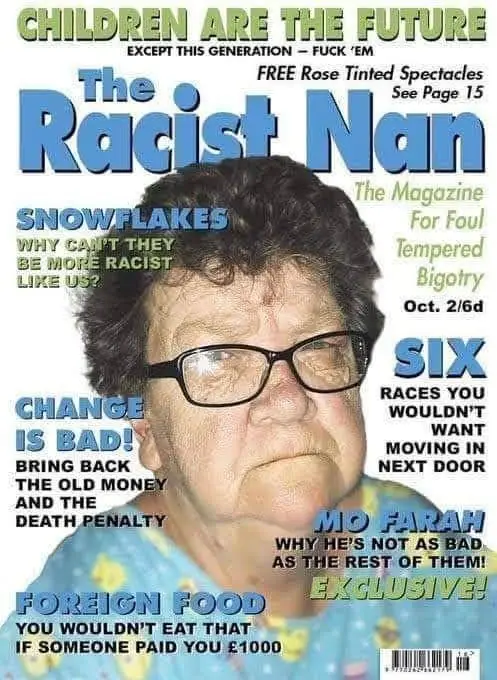 A satirical magazine cover parody titled 'The Racist Nan' features a photo of an older woman with glasses. The cover is…