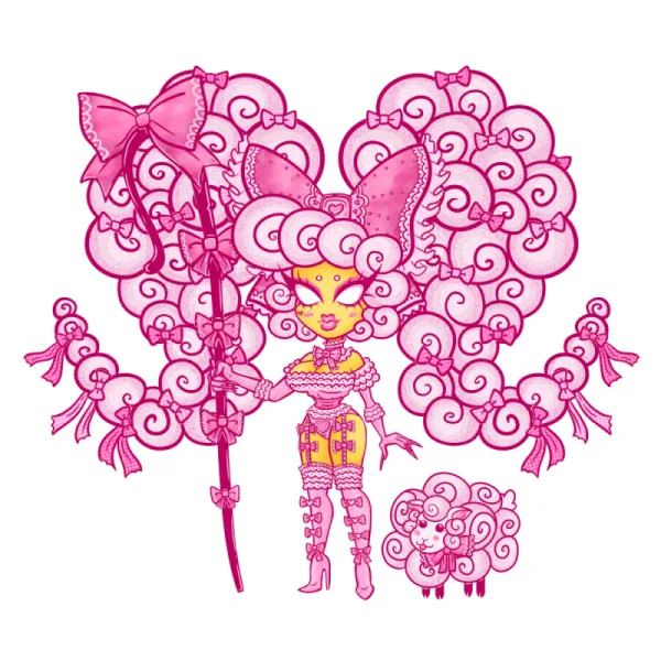 A cartoonish, stylized character with an enormous, elaborate pink hairstyle made of swirls and bows, wearing a matching pink…