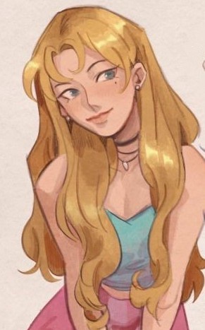 A digital illustration of a young woman with long, wavy blonde hair, blue eyes, and a slight smile, wearing a teal top and…