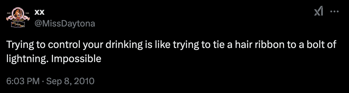 A screenshot of a tweet from @MissDaytona dated September 8, 2010, with a black background and white text. The tweet reads…