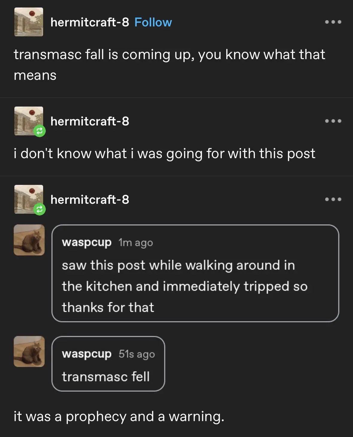 A screenshot of a social media thread shows user 'hermitcraft-8' posting about 'transmasc fall' and then commenting 'i don't…