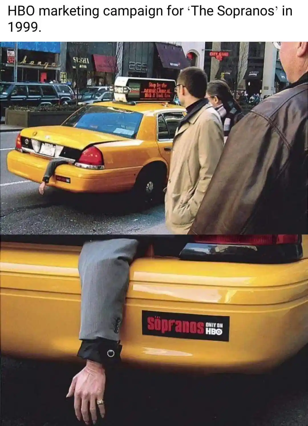 The image shows a yellow NYC taxi with a person's arm and leg sticking out from the trunk, wearing a suit. A sticker on the…