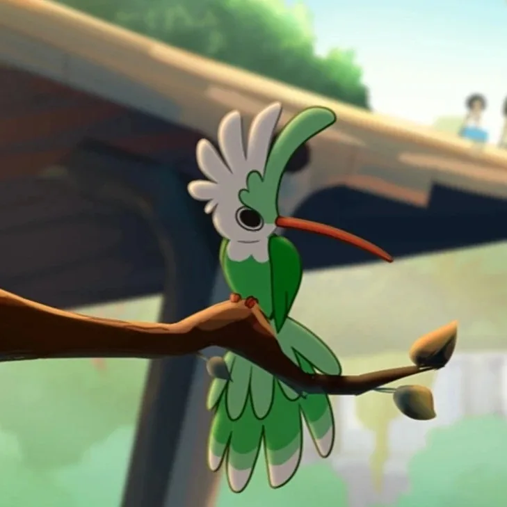 A green cartoon bird with a long orange beak and white crest perches on a branch. The bird has a large, expressive black eye…