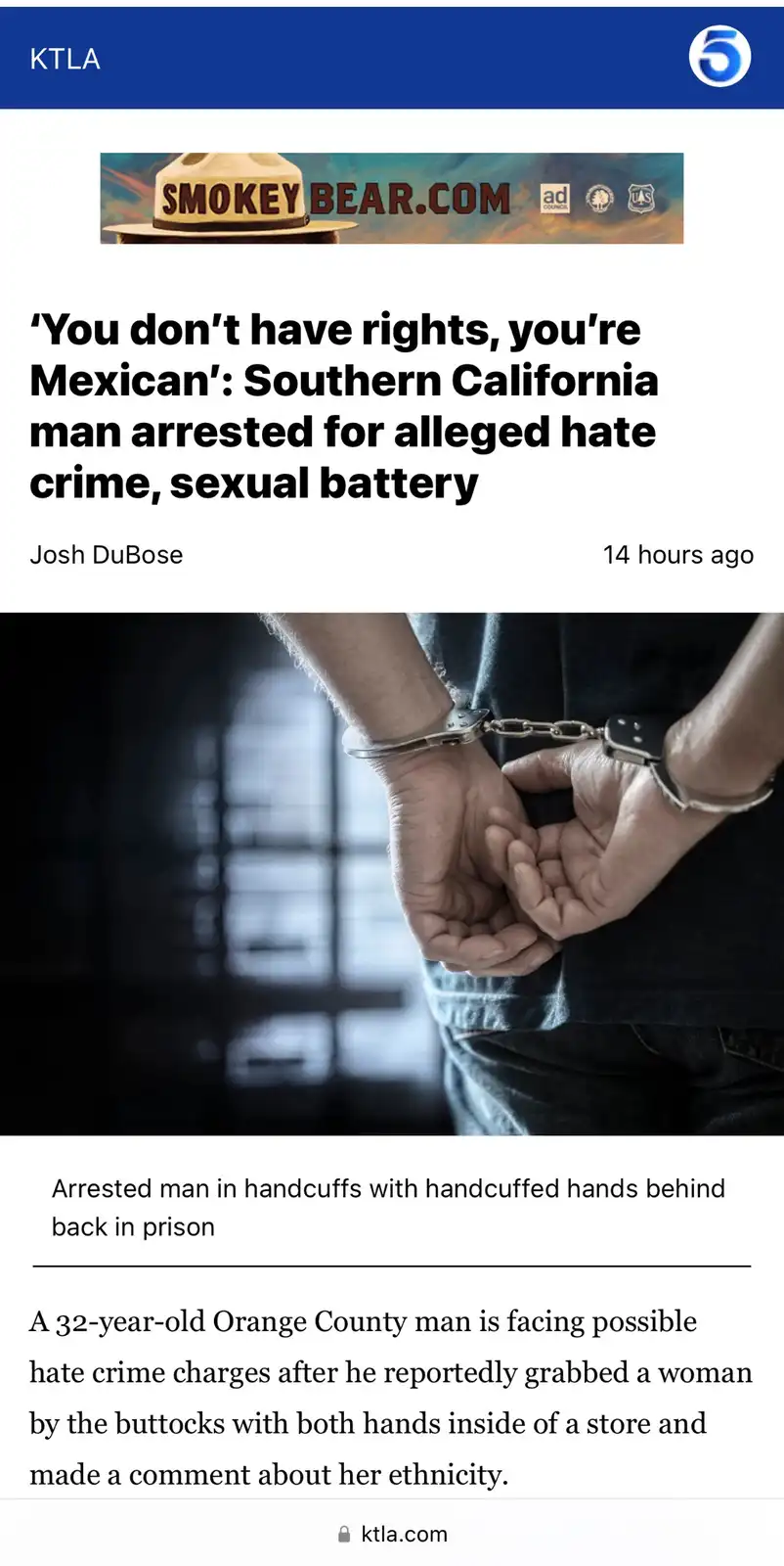 A screenshot of a KTLA news article shows a man in handcuffs with his hands behind his back. The headline reads 'You don't…
