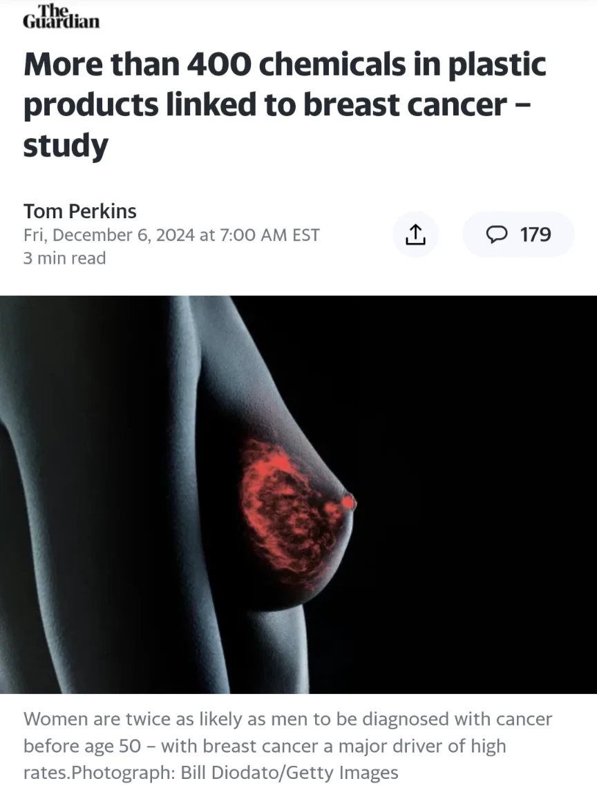 A screenshot of a The Guardian news article with a headline about chemicals in plastic linked to breast cancer. The image…