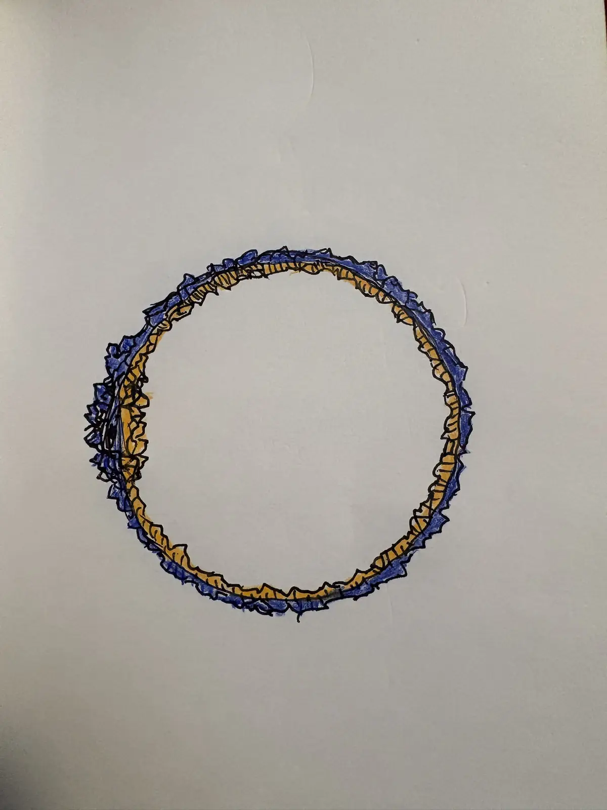 A hand-drawn circle on white paper, outlined with jagged blue and yellow marker strokes, with the text 'i drew a circle'…