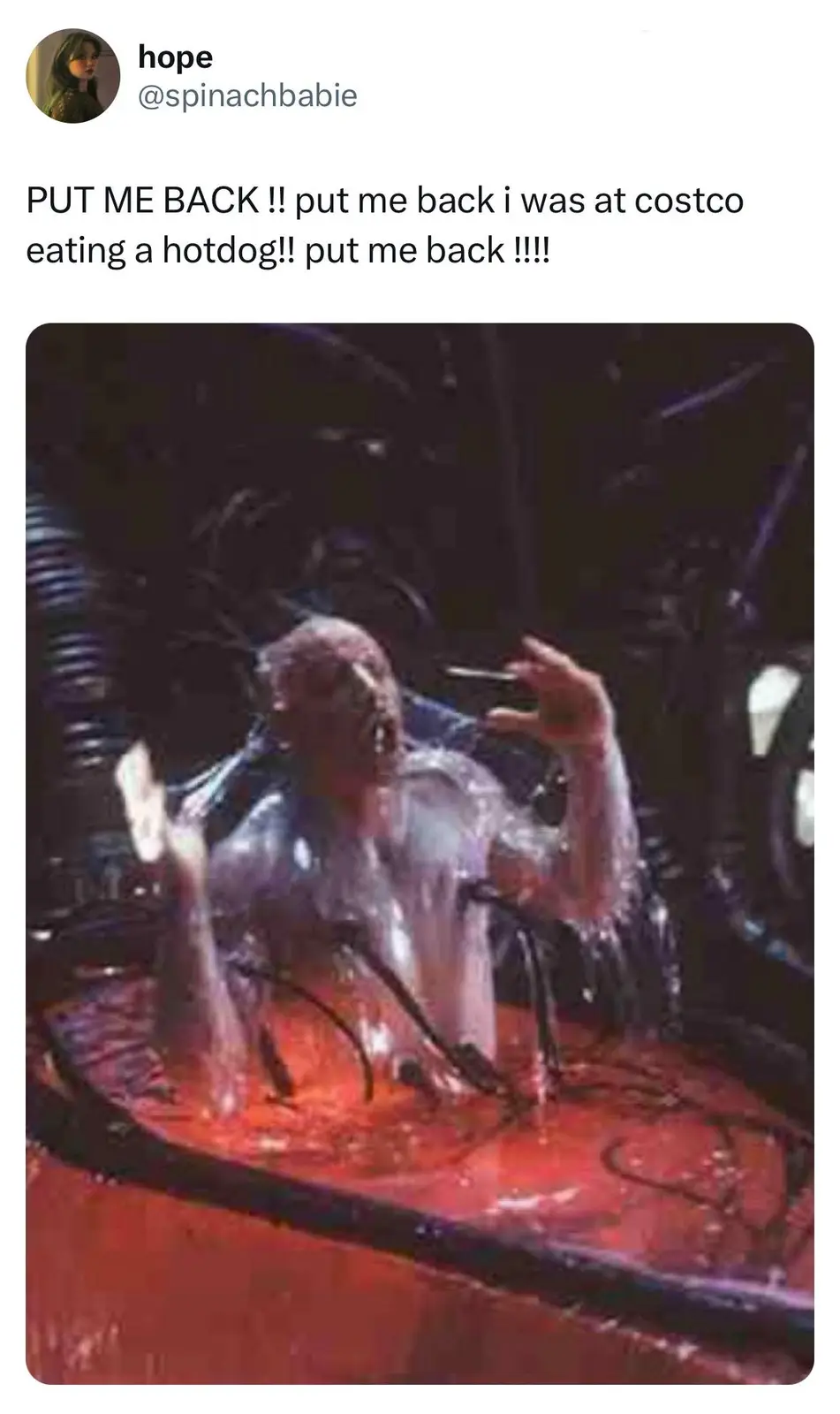 A person is submerged in a red liquid within a futuristic-looking machine, with tubes and wires attached to their body…