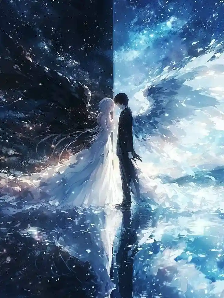 An anime-style illustration depicts two figures standing back-to-back, facing each other across a vertical divide. The…