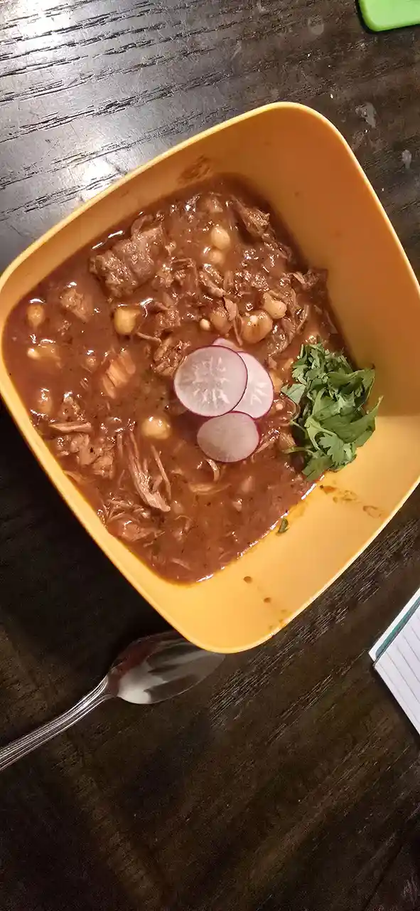 A yellow bowl filled with a brown stew containing shredded meat and chickpeas, garnished with sliced radishes and cilantro…