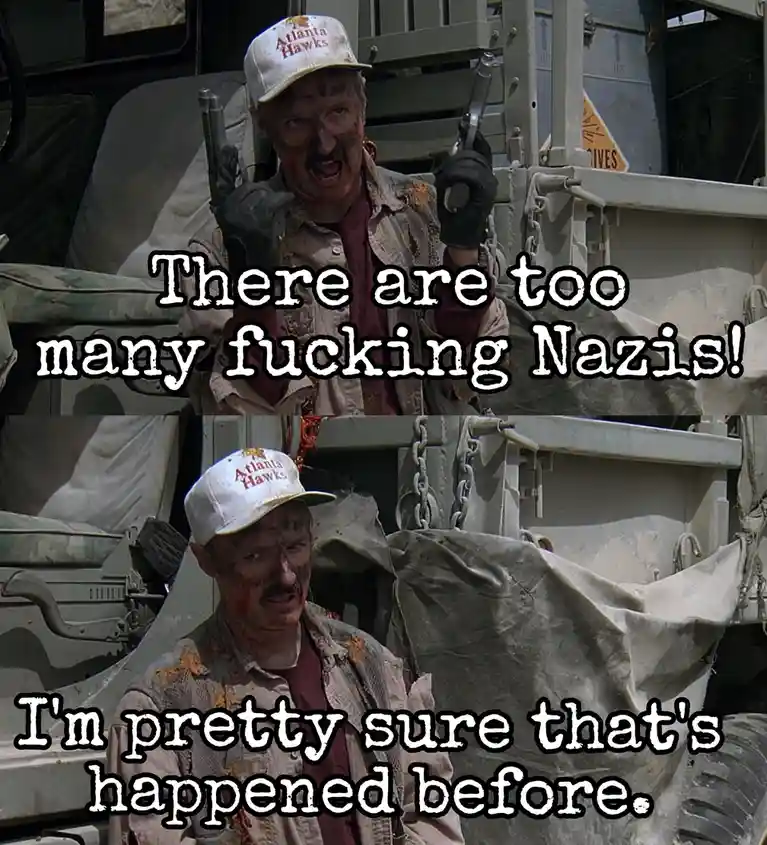 A two-panel meme featuring a man in a dirty Atlanta Hawks baseball cap, bloodied face, and holding a gun in a military…