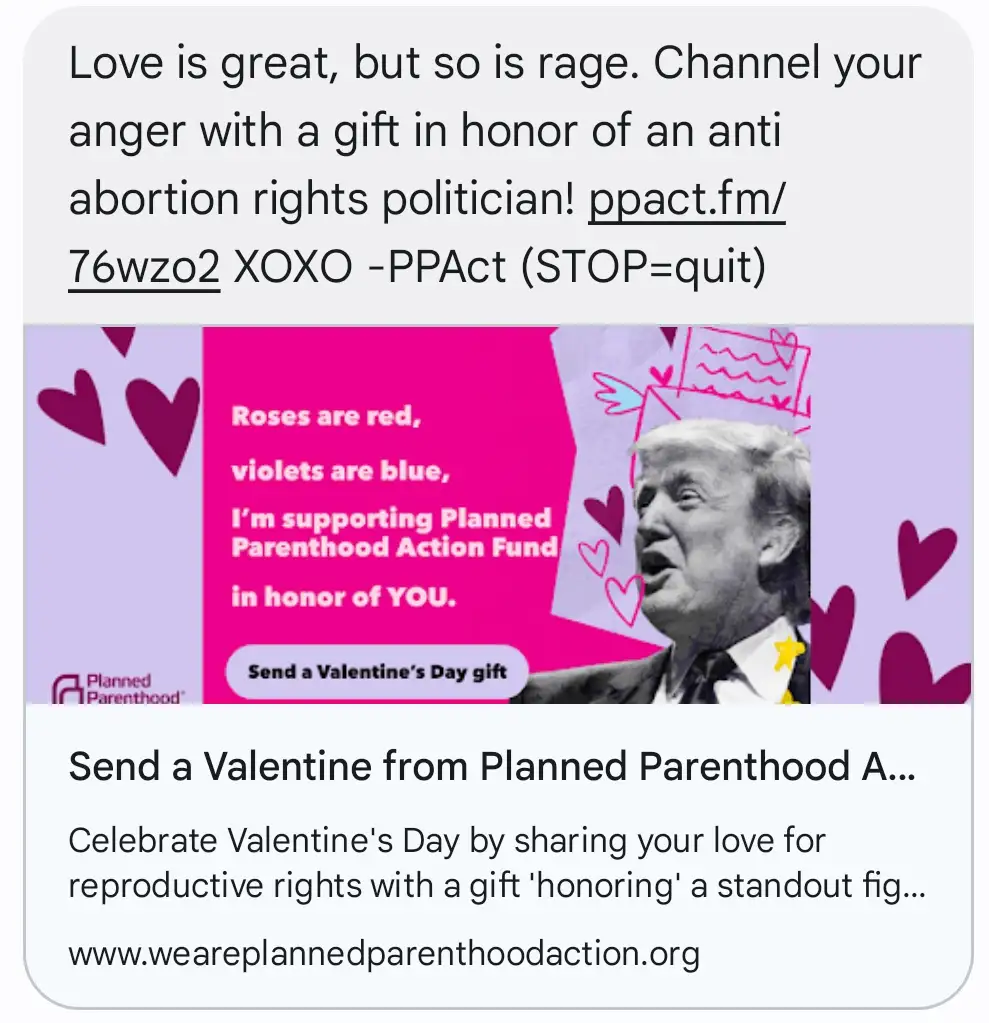 The image shows a Planned Parenthood Valentine's Day fundraising ad featuring a black-and-white photo of Donald Trump…