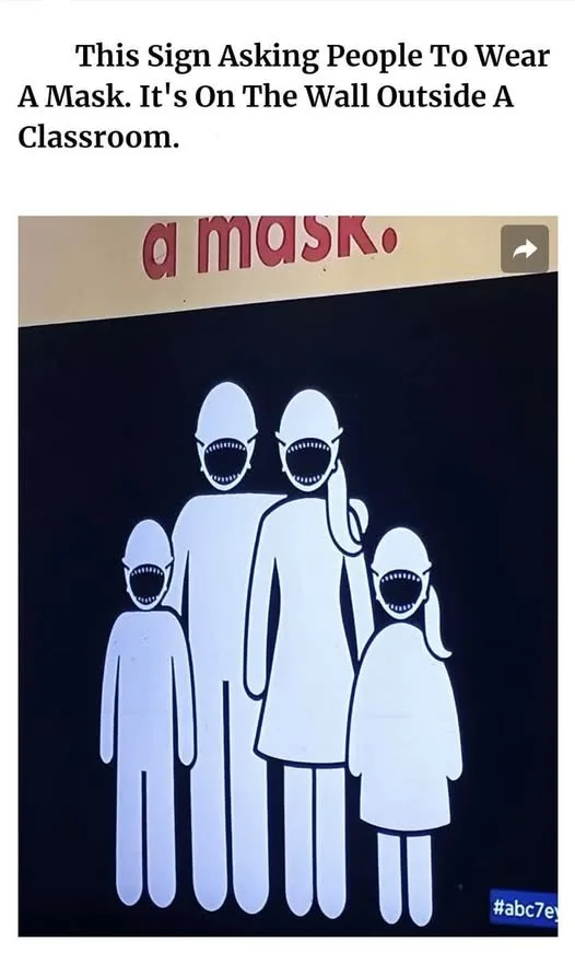 A sign with a black background and white stick figures of a family of four, each with a wide, toothy grin, is shown. Above…