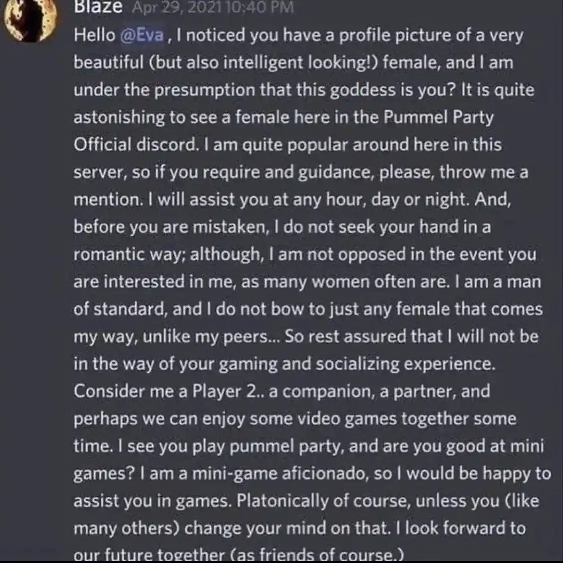 A screenshot of a Discord message from a user named 'Blaze' addressed to '@Eva'. The message is a long, overly formal, and…