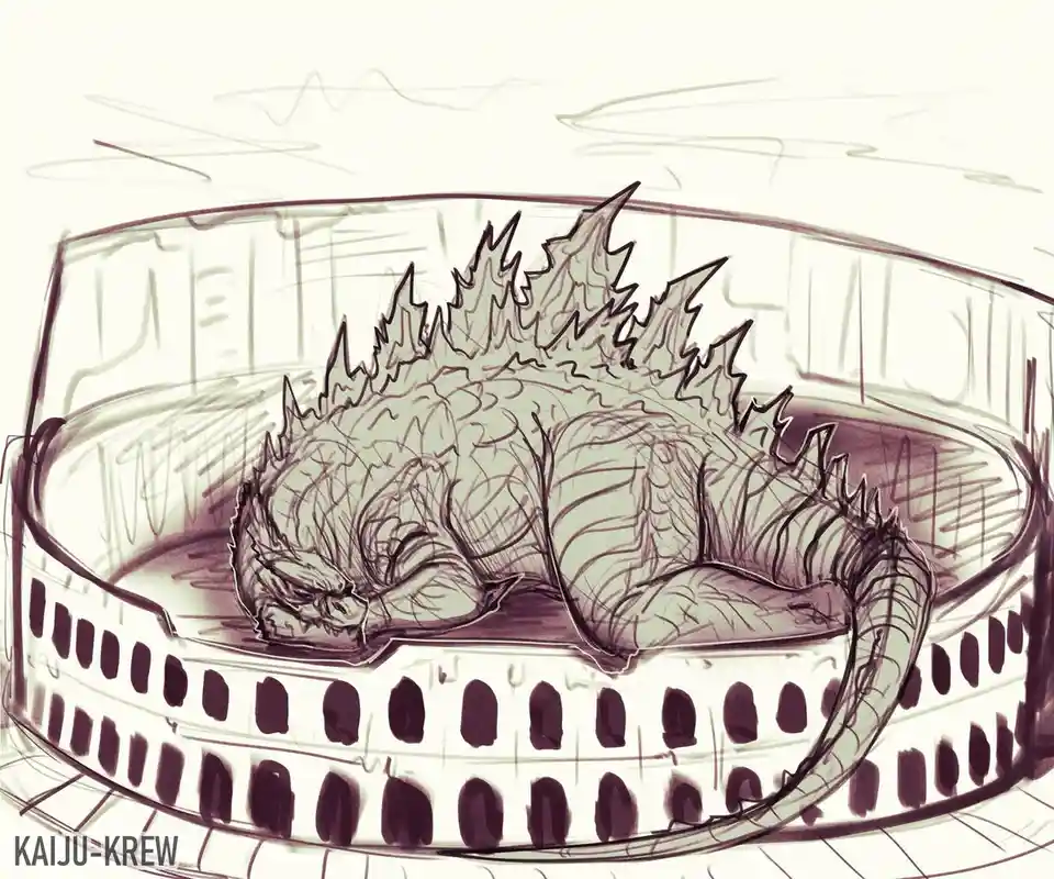 A sketch-style drawing shows the giant monster Godzilla curled up and sleeping inside a large, circular pet bed with a…