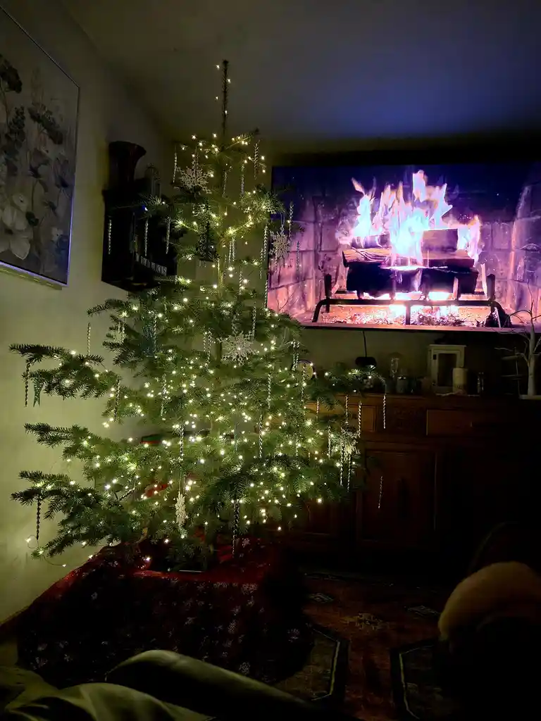 A cozy living room features a decorated Christmas tree with warm white lights and silver snowflake ornaments, standing…