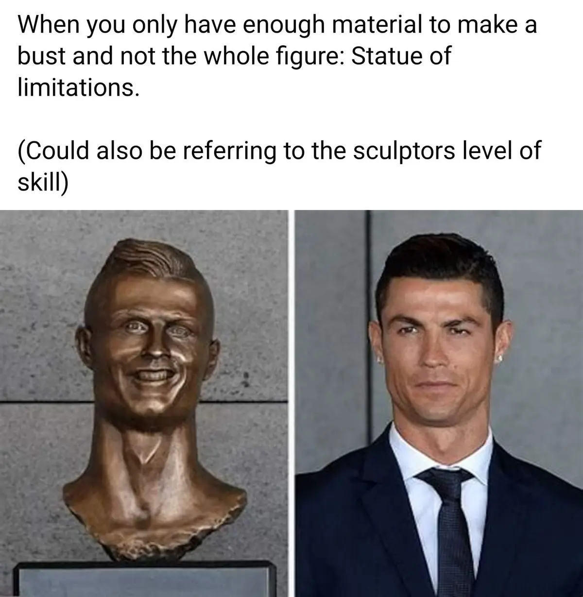 The image displays a split-screen comparison: on the left, a bronze bust of Cristiano Ronaldo with an exaggerated, overly…