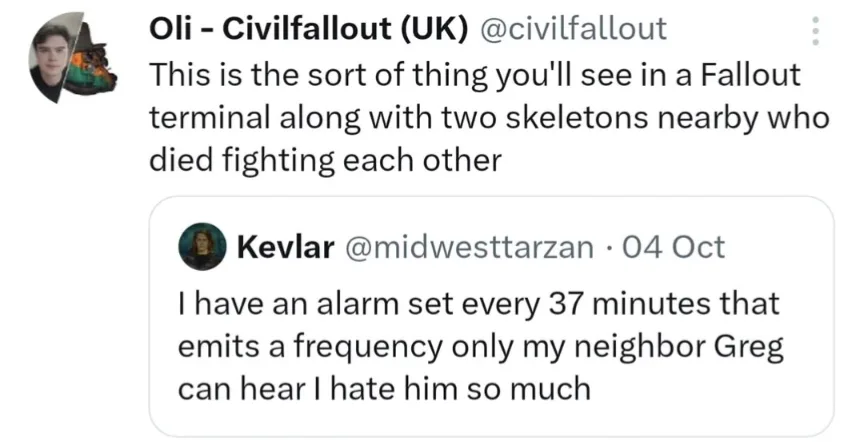 A screenshot of a Twitter thread where the top tweet by Oli - Civilfallout (UK) says 'This is the sort of thing you'll see…