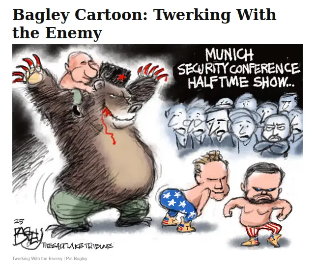 A cartoon depicts a large bear with a red star on its head and claws raised, while two men in American flag-themed underwear…