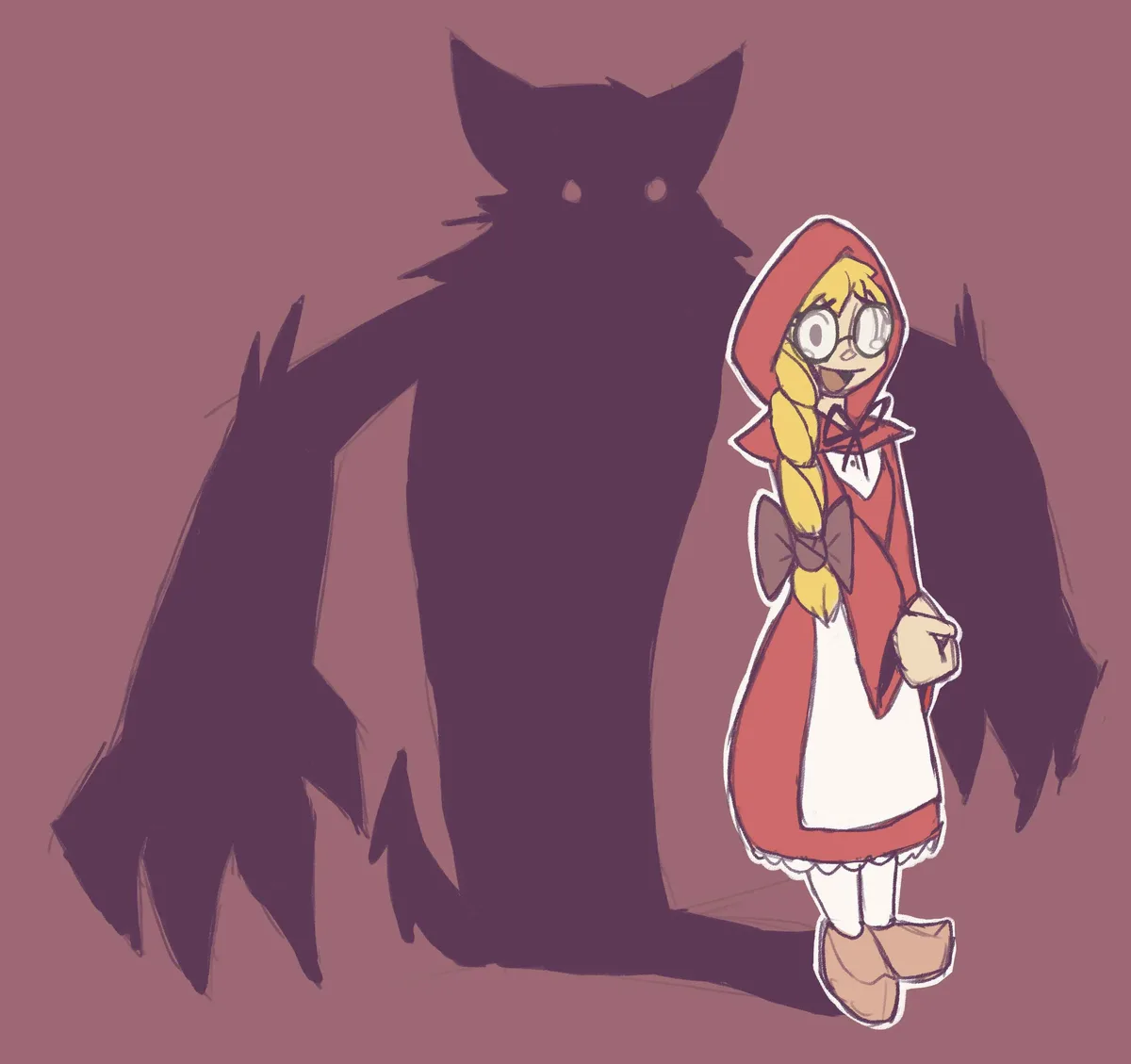 A cartoon girl in a red hooded dress and glasses stands smiling next to a large, menacing wolf silhouette. The girl appears…
