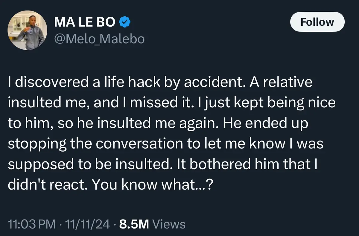 A screenshot of a tweet from verified user 'MA LE BO' (@Melo_Malebo) showing a text post about a 'life hack' involving…