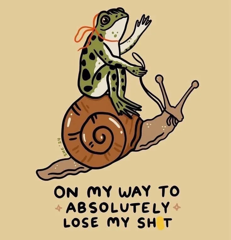 A cartoon frog wearing an orange headband sits atop a snail, waving one hand while holding the other. The snail's shell is…